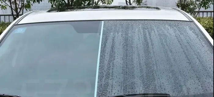 Hydrophobic window treatment before and after on windshield